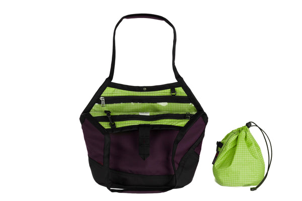 A Swift in Aubergine Ballistic with Kiwi (bright green with white grid) 200 Halcyon interior and Yarn Stuff Sack.
